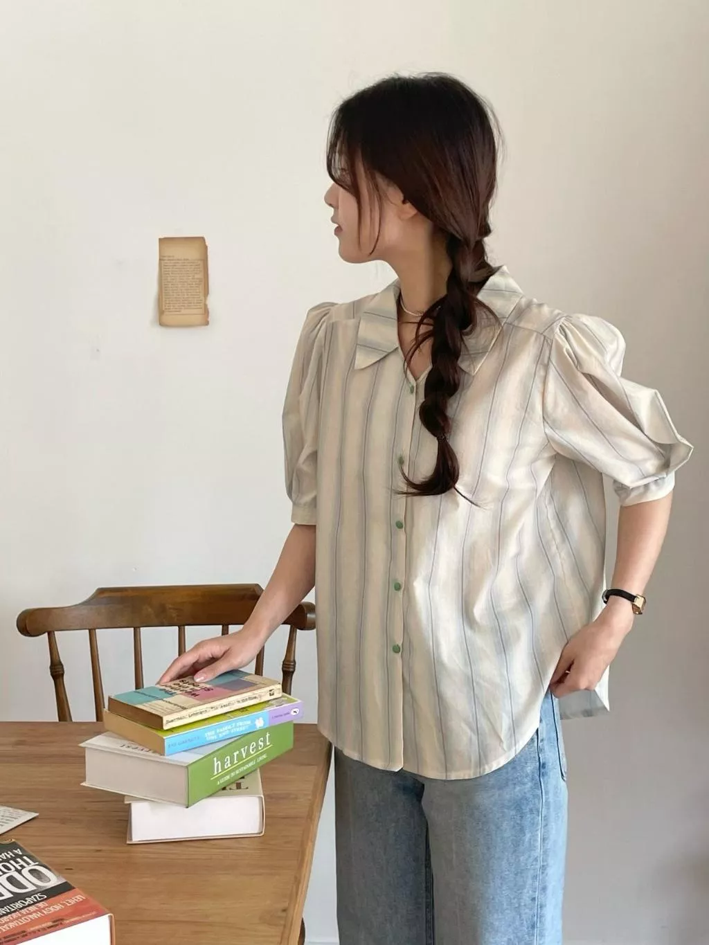 23P正韓夏季條紋小領子襯衫
