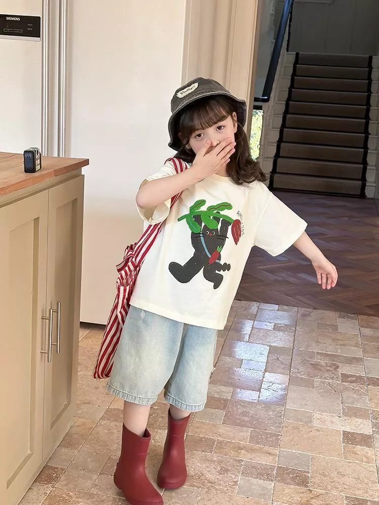 《AB232》韓版米色搞怪小圖短袖上衣(90-170)