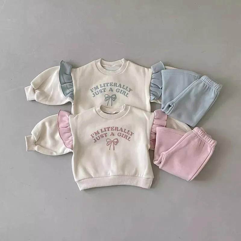 《AB475》甜美泡泡字蝴蝶結喇叭褲套裝 (80-130)