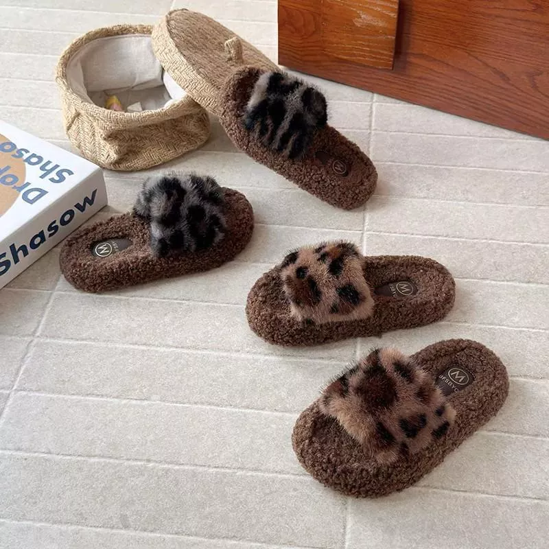 《AB478》ins時髦豹紋毛毛厚底一字拖鞋