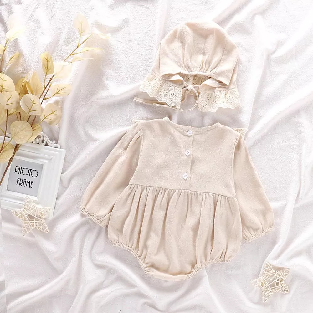 《AB486》蕾絲刺繡附帽包屁衣 (66-90)