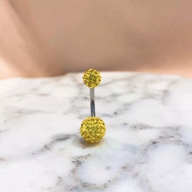 阿君的店 醫療鋼 抗過敏黃色水鑽滿鑽圓珠肚洞肚環
