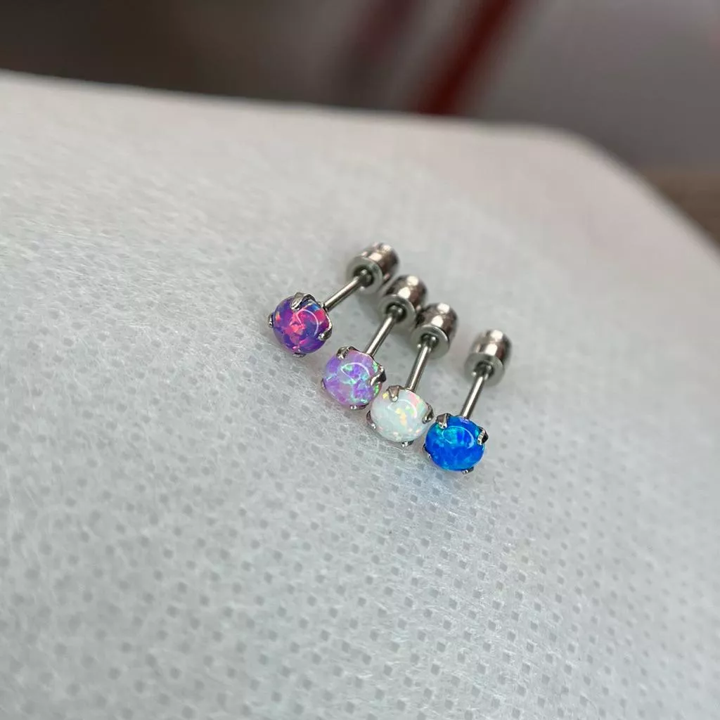 阿君的店 台灣製 醫療鋼 抗過敏 澳寶石Opal夾鑲後鎖式鎖珠耳釘耳環