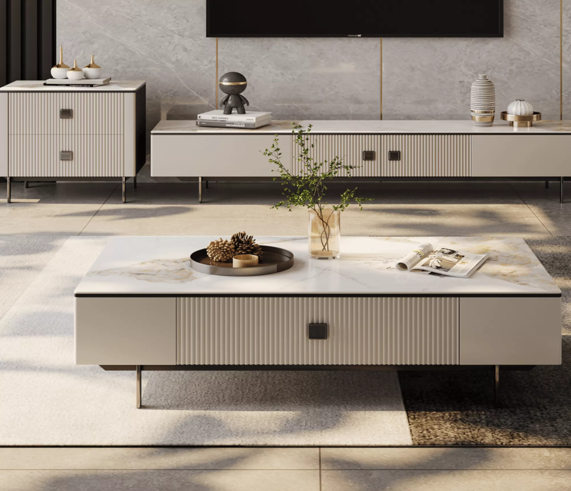 MOOD岩白系列｜電視櫃＋茶几＋斗櫃組合