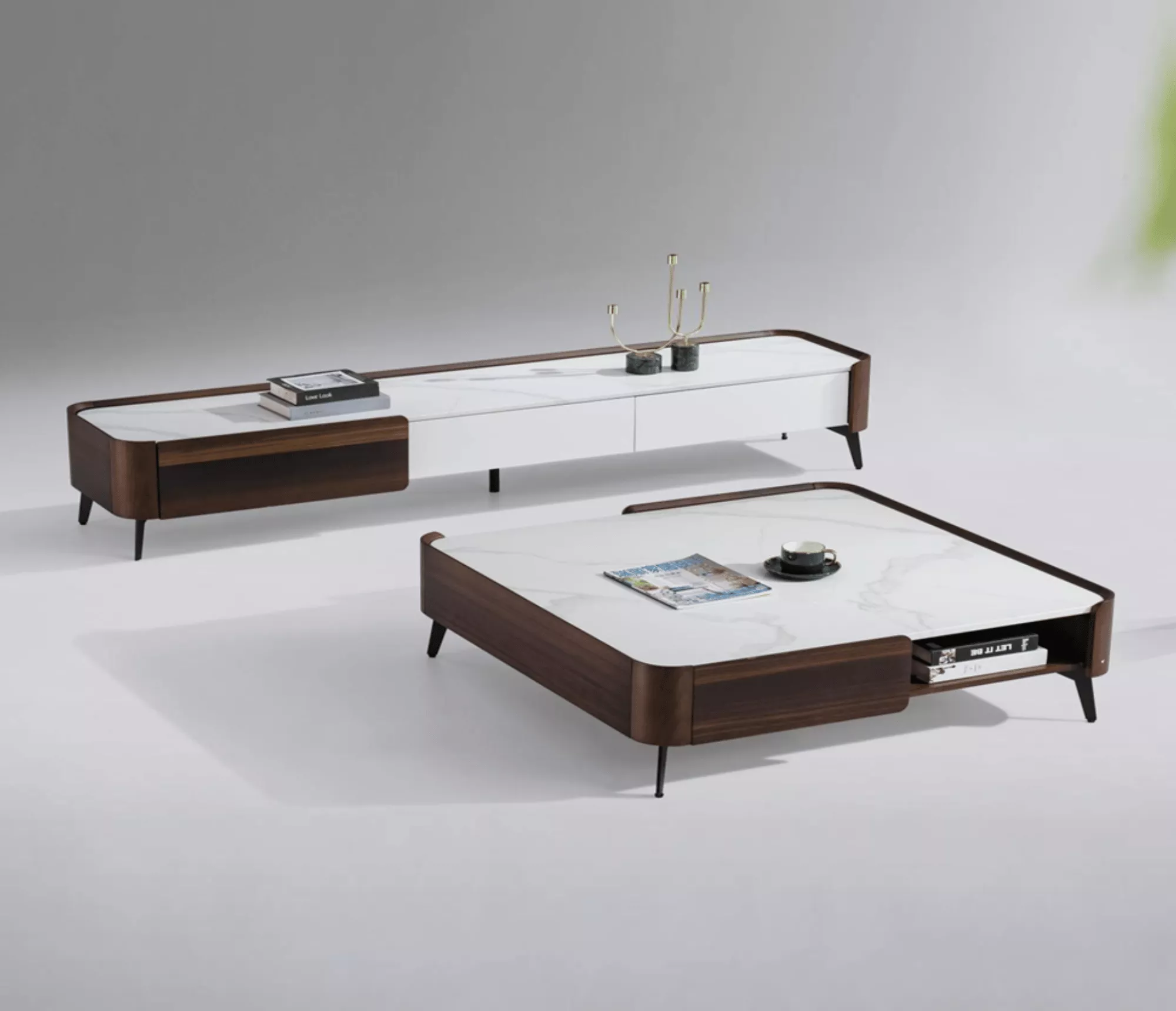 煙胡桃系列｜岩板茶几＋電視櫃組