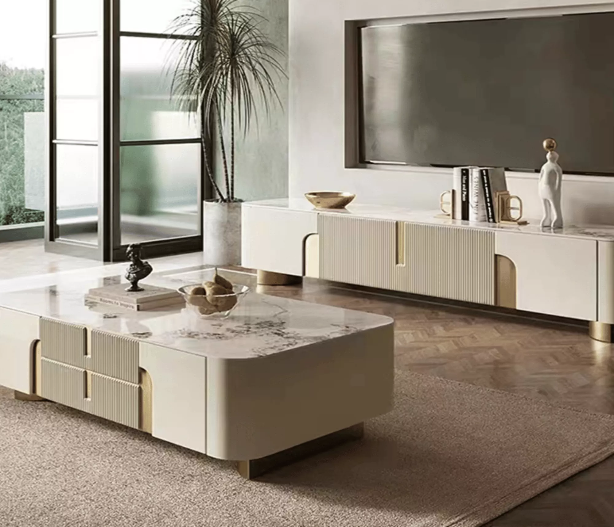 雲嶺雅金｜岩板茶几電視櫃組