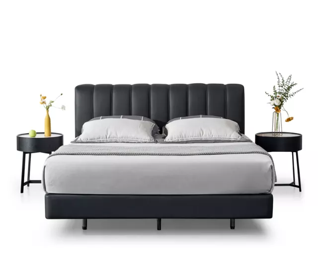 夜暮靜語｜灰系弧形皮革床架