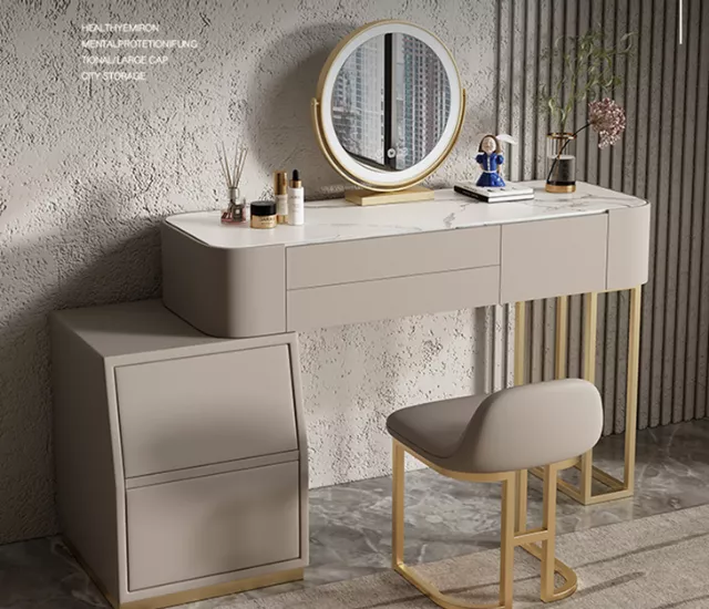 岩板美型妝台組（妝台＋收納＋椅凳＋鏡子）