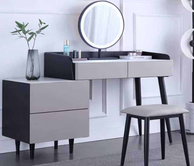 都會灰調岩板妝台組（妝台＋抽屜邊櫃＋鏡子＋椅凳）