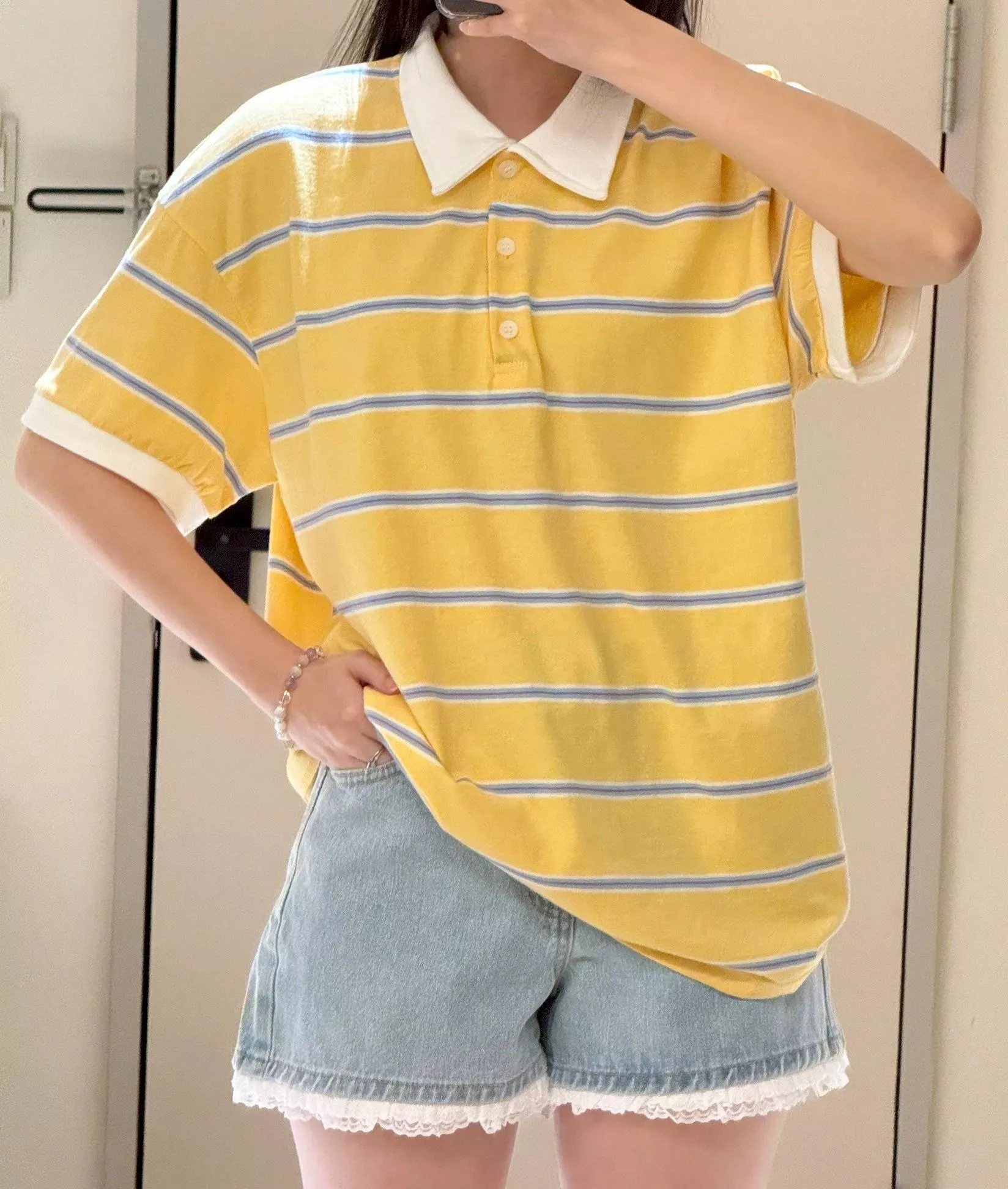 短袖寬鬆橫條紋POLO衫