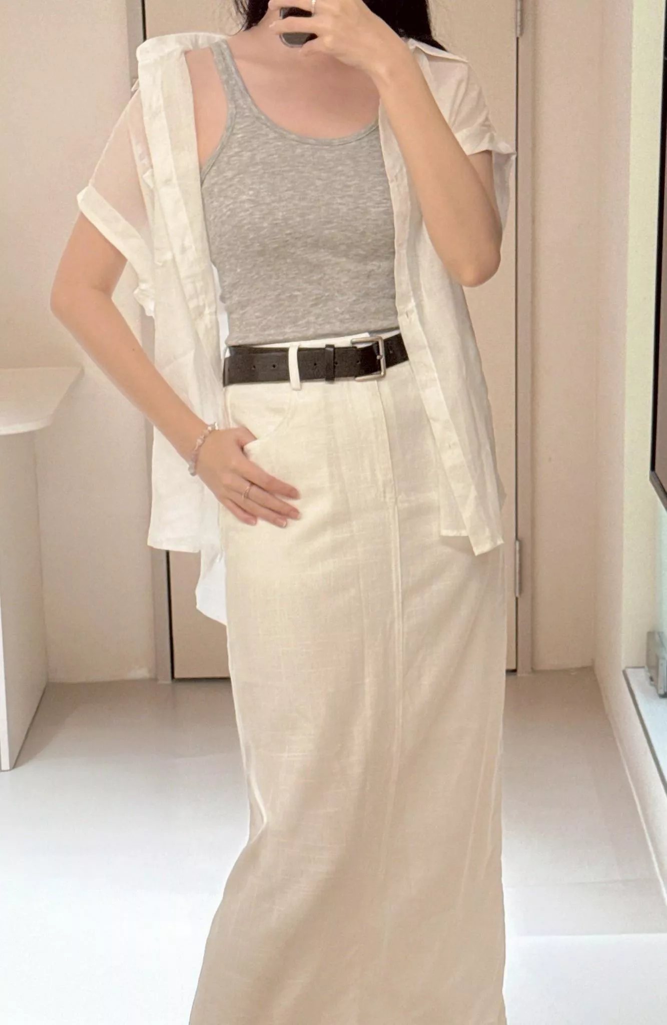 棉麻A字長裙 ( 附贈咖啡色腰帶 )