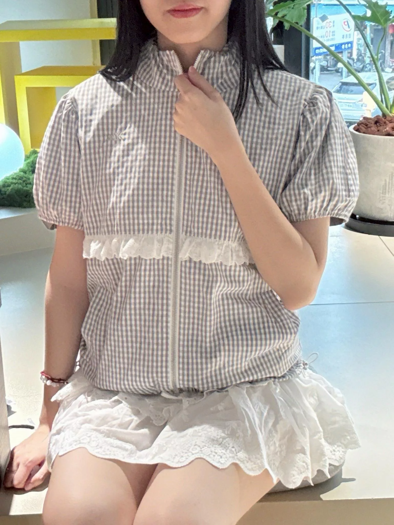 短袖蕾絲格紋外套