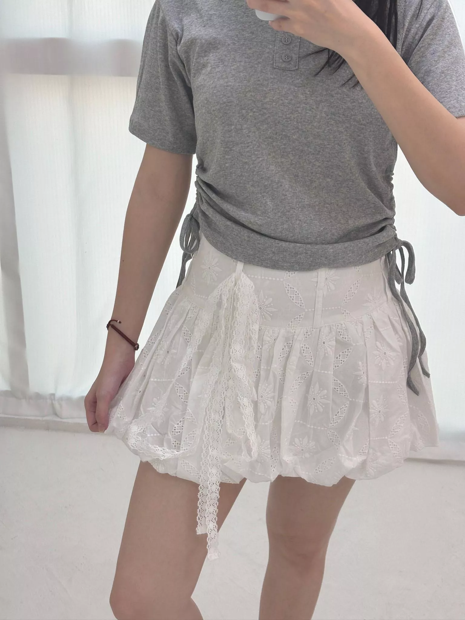 特殊綁帶緹花花苞裙