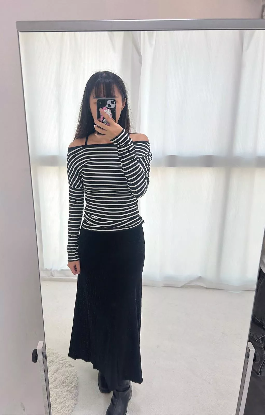 貼身長版氣質兩件式洋裝套裝(含條紋長袖上衣)