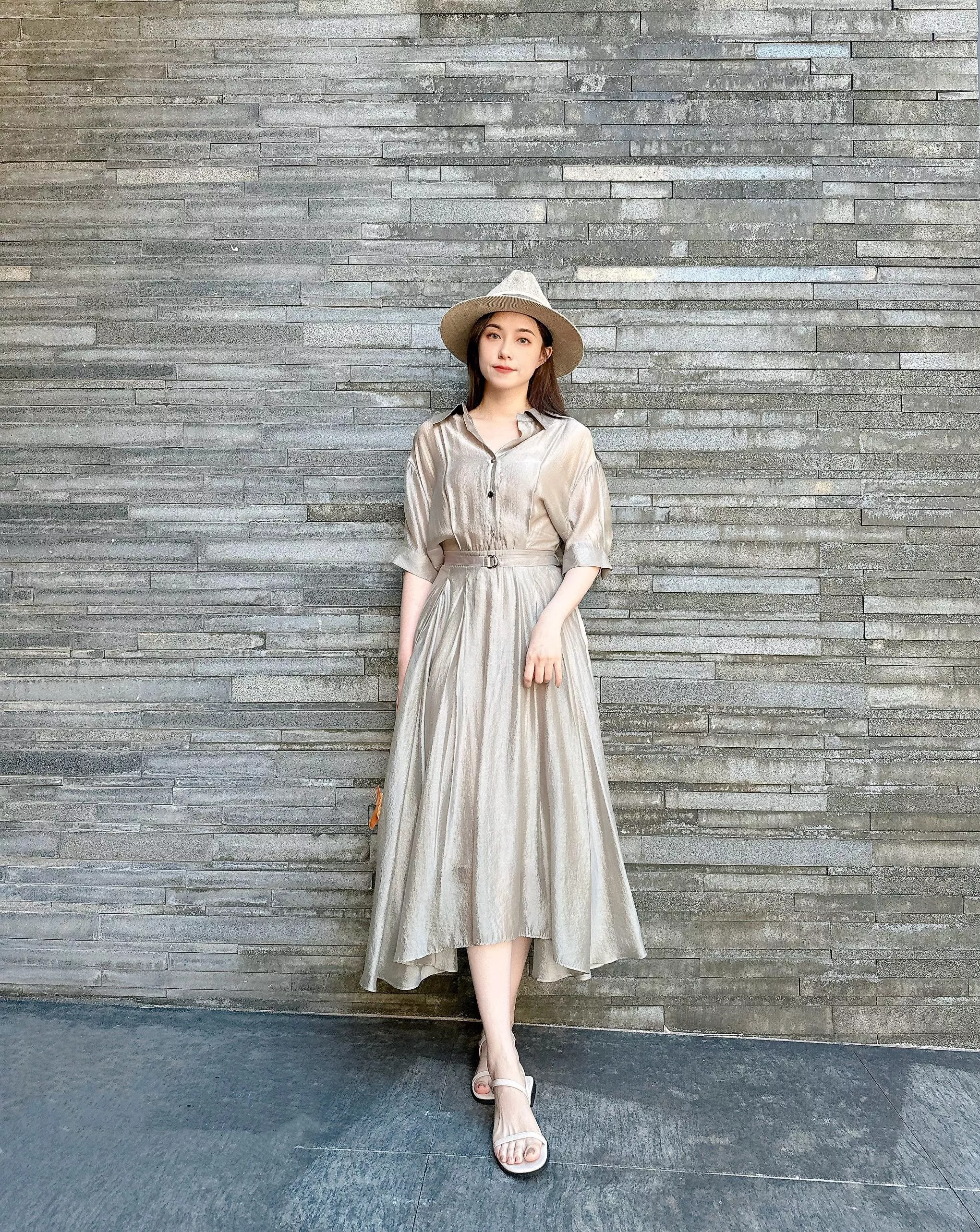 五分袖光澤微透膚洋裝