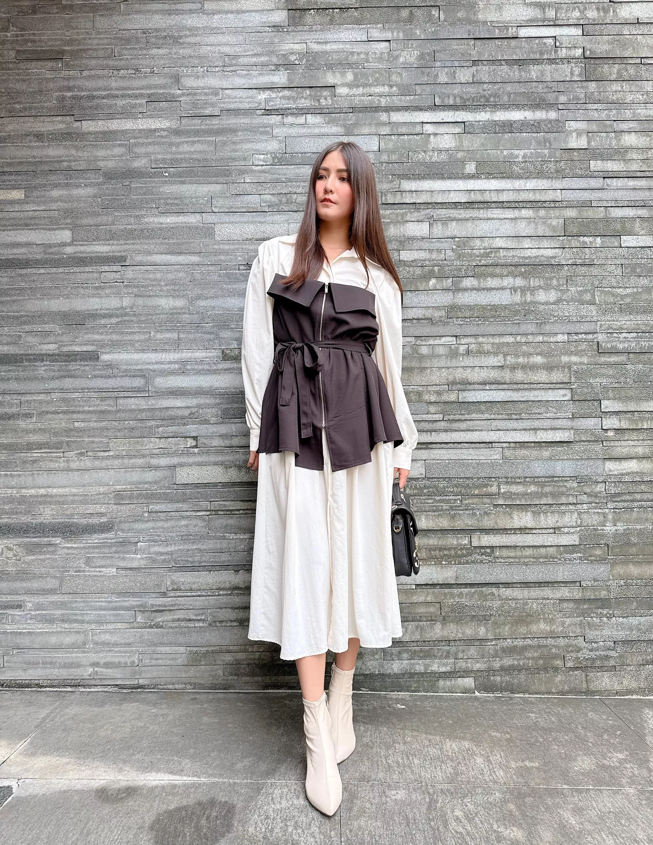 假兩件拼接襯衫洋裝