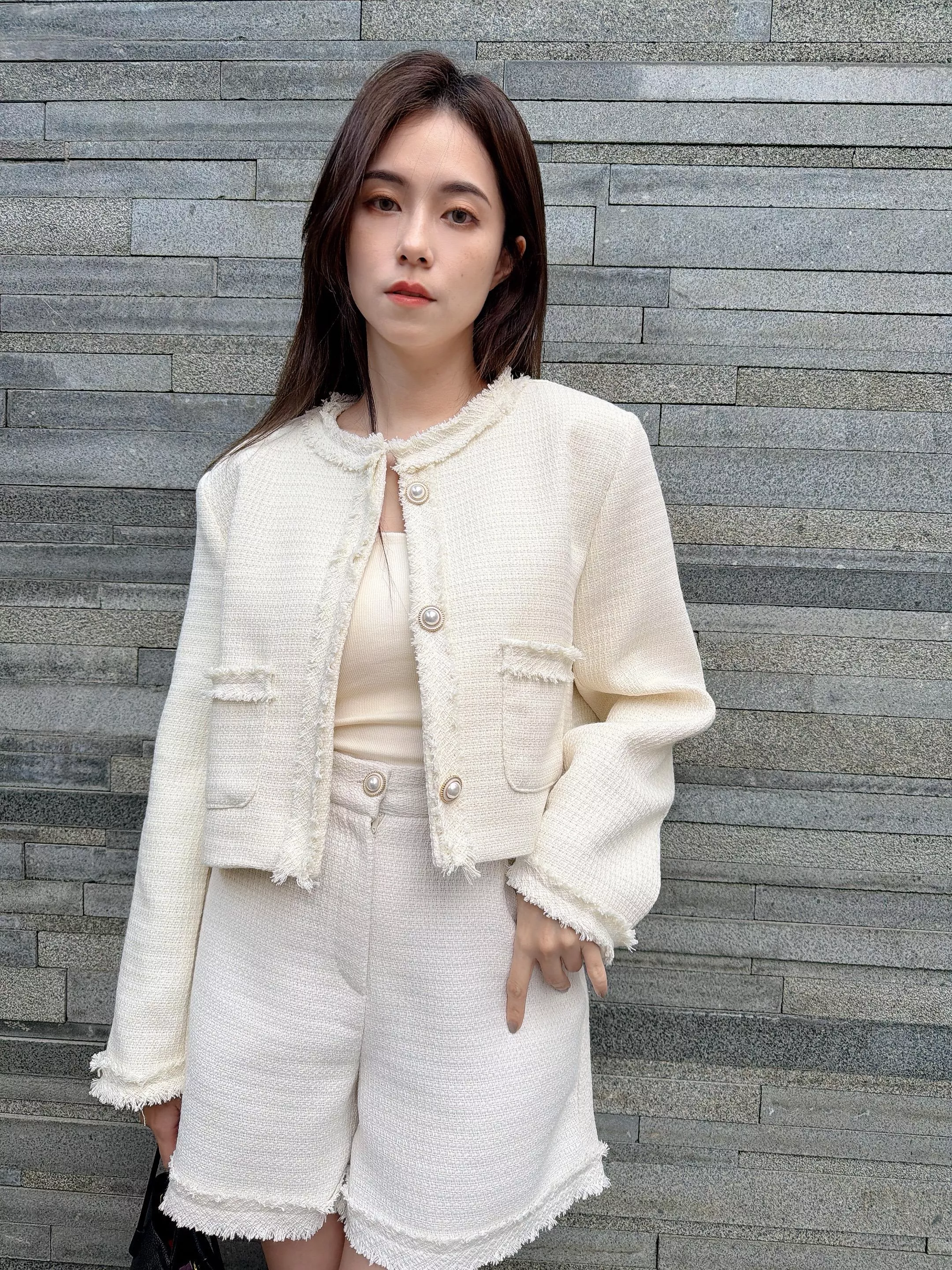 珍珠釦厚磅毛呢外套