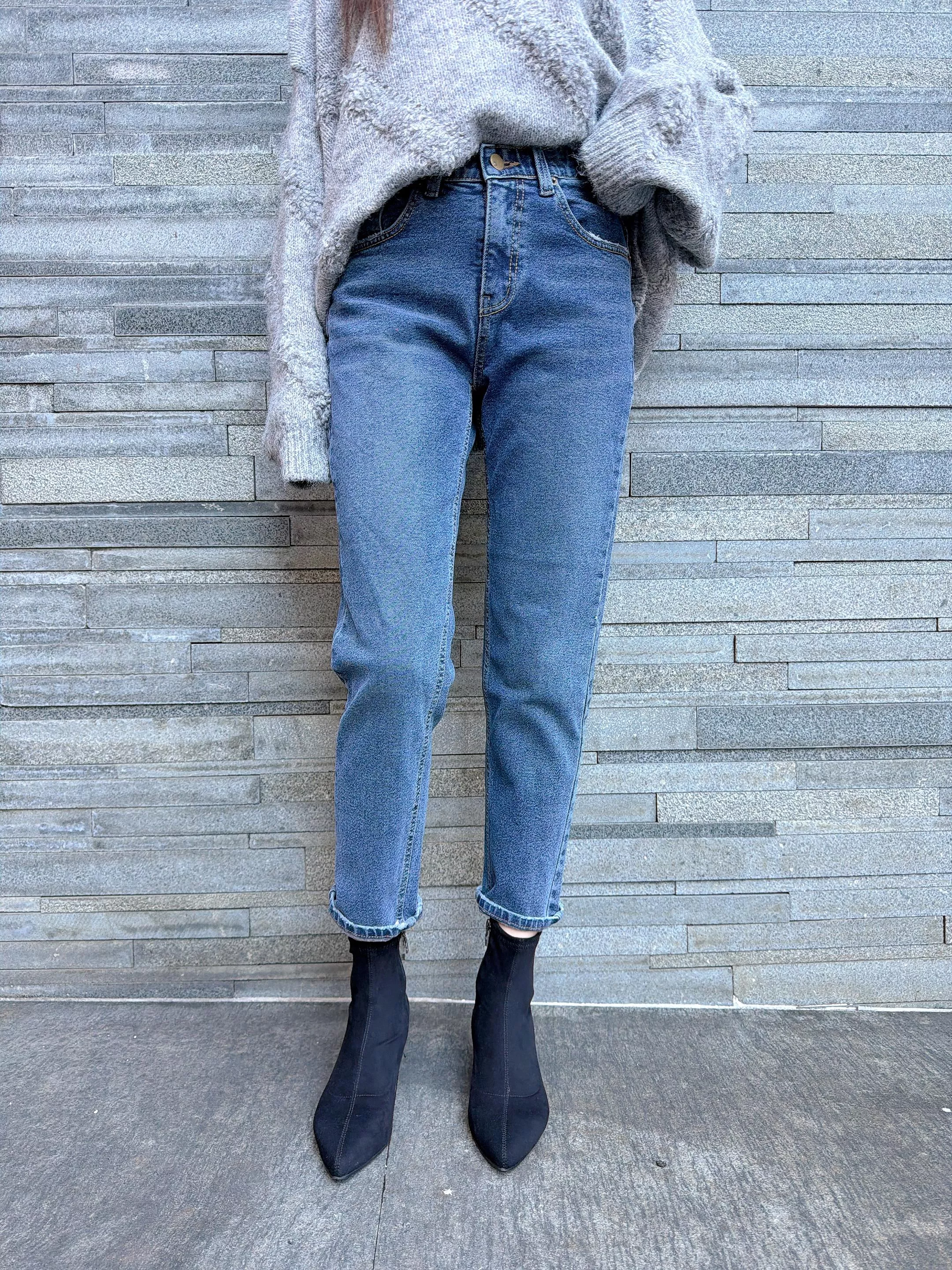 內磨毛八分牛仔褲