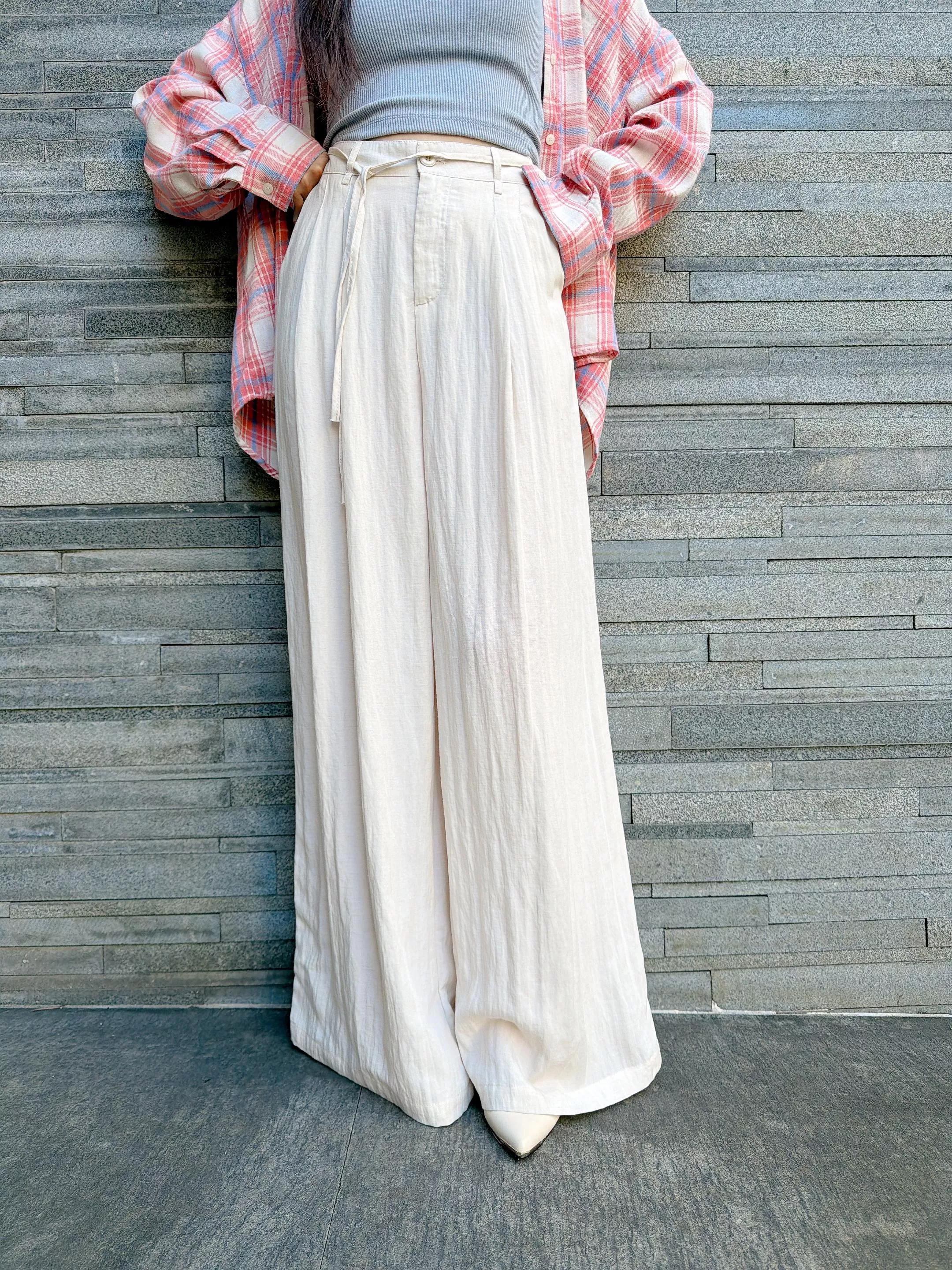 棉麻綁帶西裝寬褲