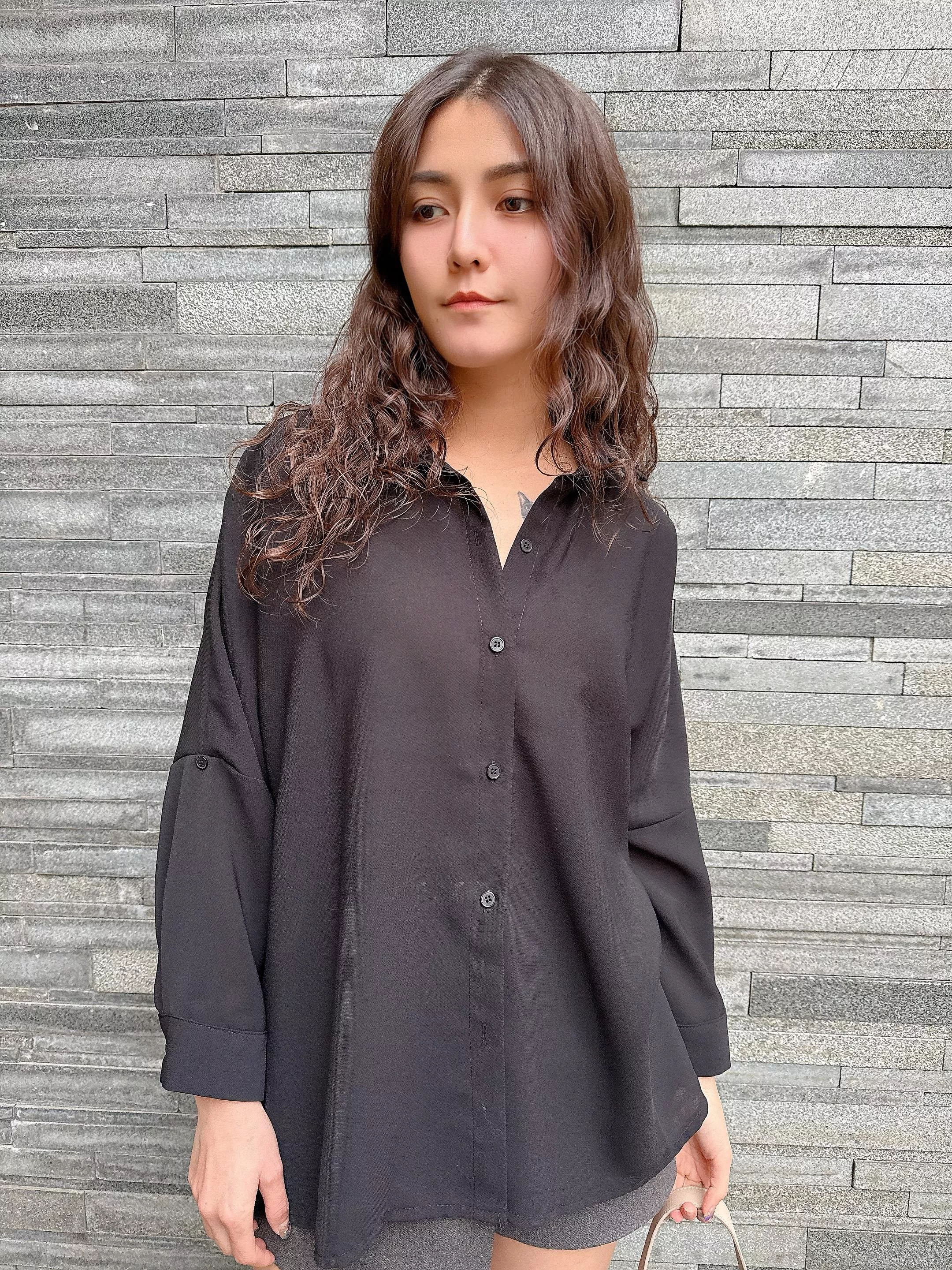 拼接透膚雪紡紗襯衫