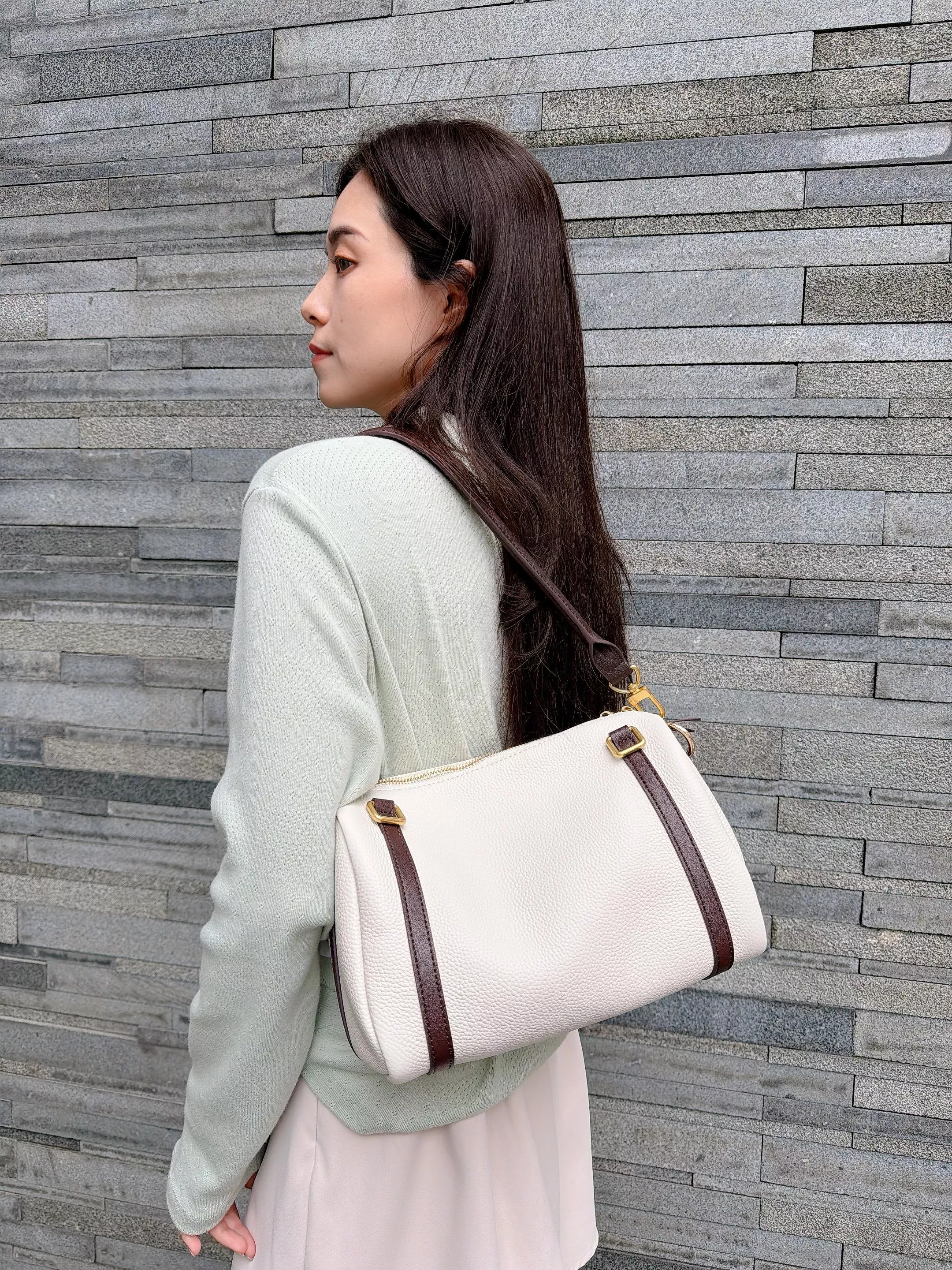 跳色滾邊真皮波士頓包