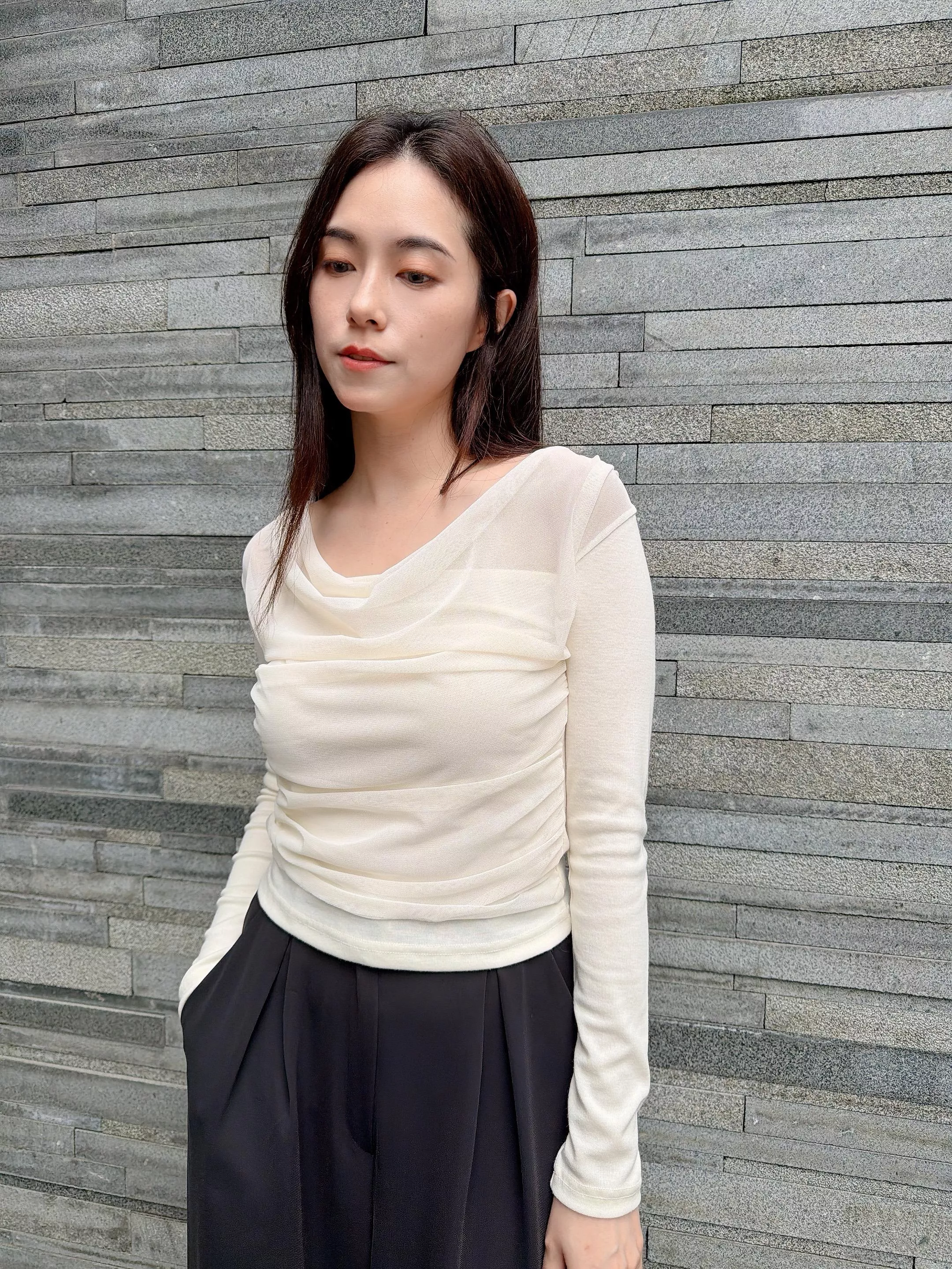 垂領透紗棉質上衣