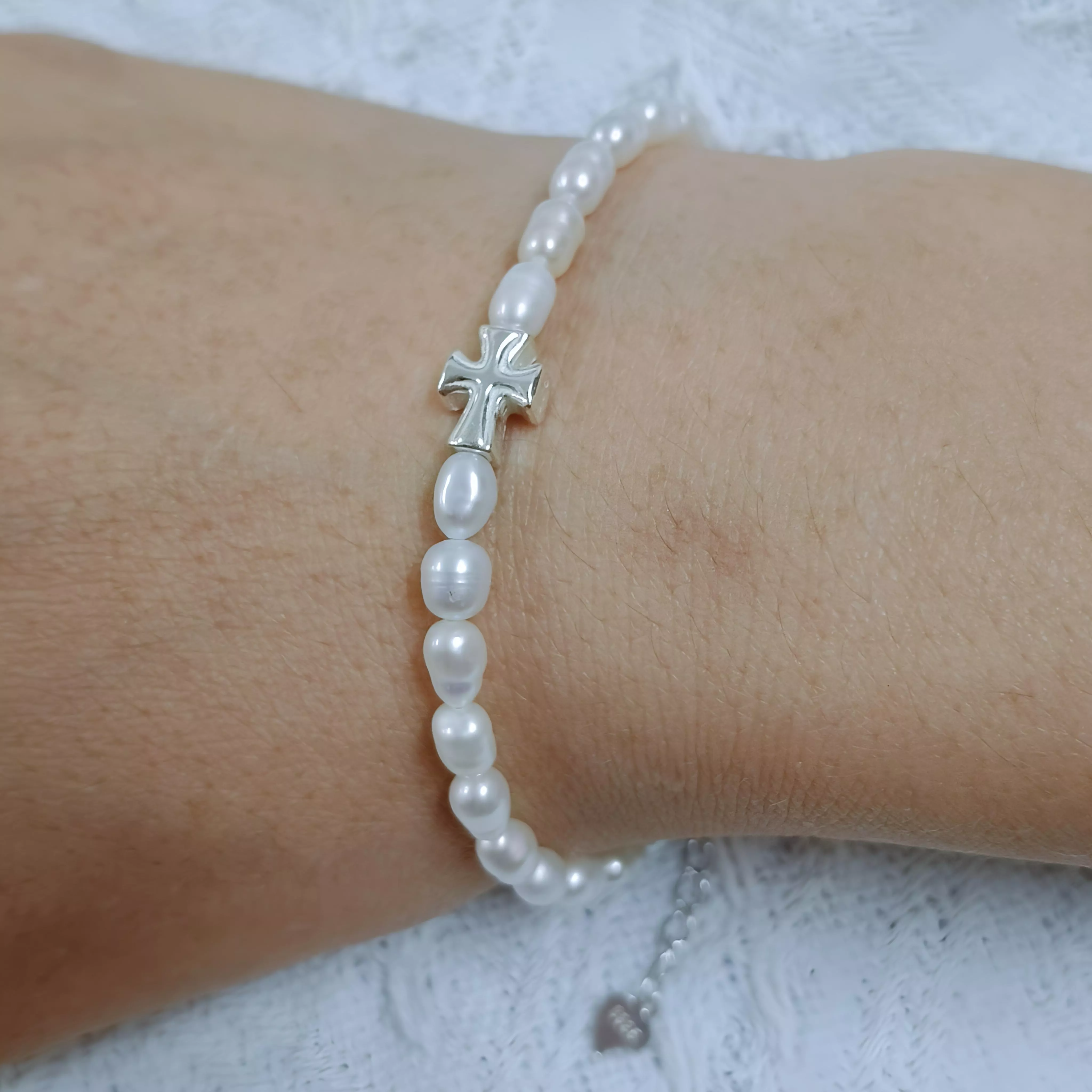 連結的妳-天然淡水珍珠925實心純銀十字架手鍊