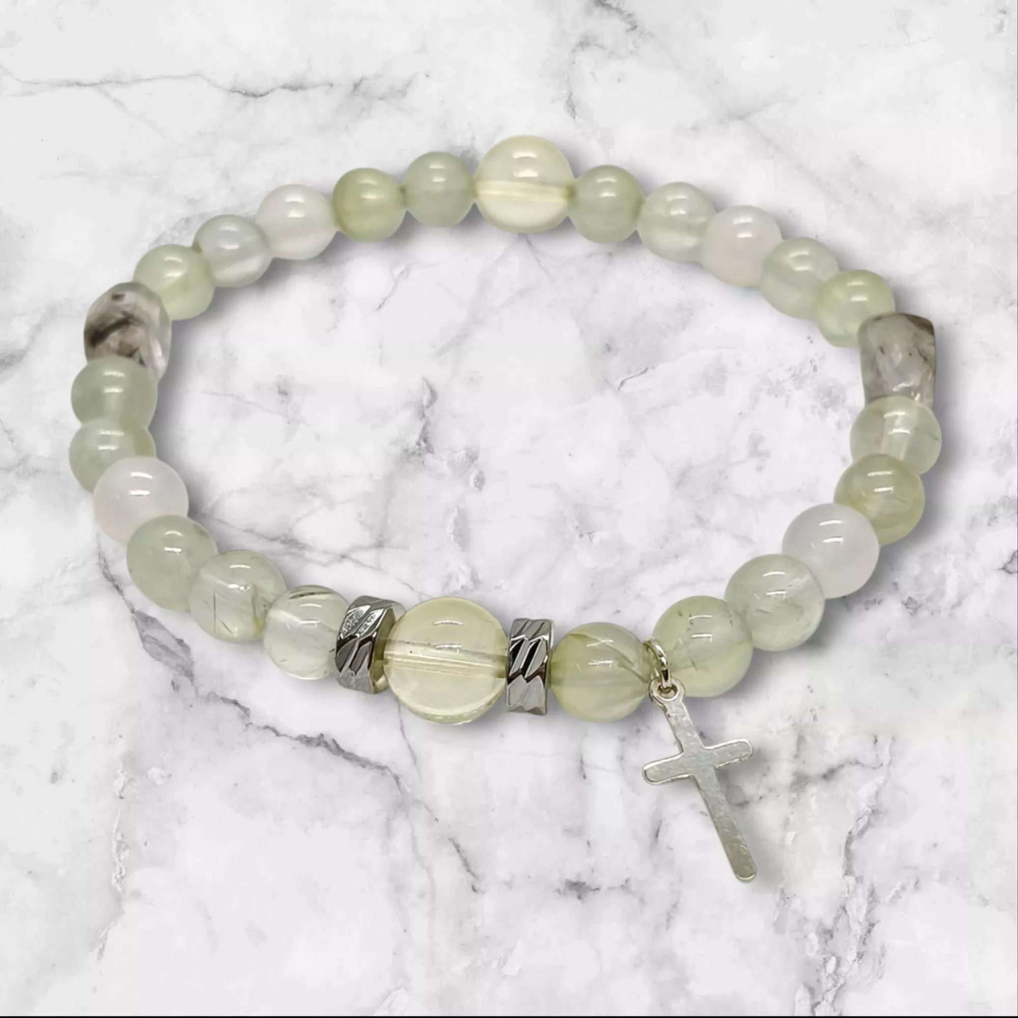 新生之約-天然葡萄石 黃水晶 白瑪瑙 黑幽靈 925純銀十字架串珠手鍊/信仰