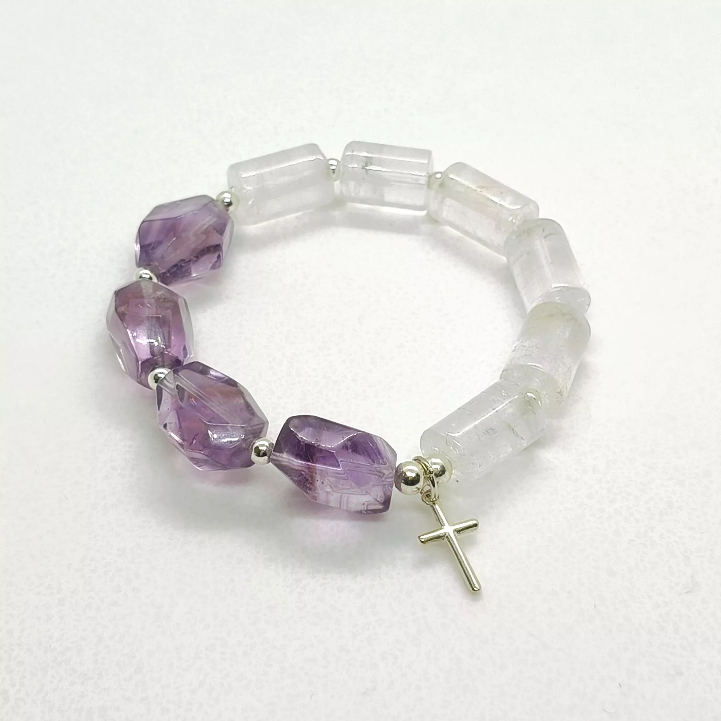 純淨智慧之光-天然巴西紫水晶 白水晶 925實心純銀十字架手鍊