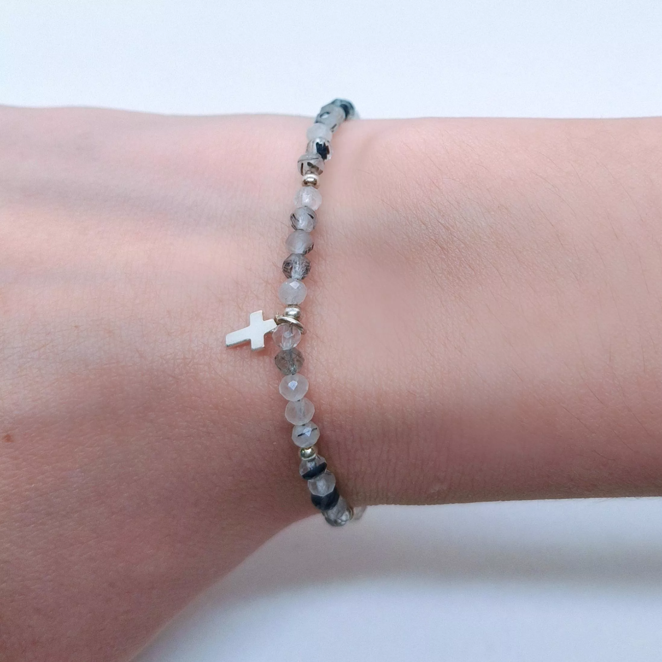 天然黑髮晶極細 實心925純銀十字架手鍊/信仰