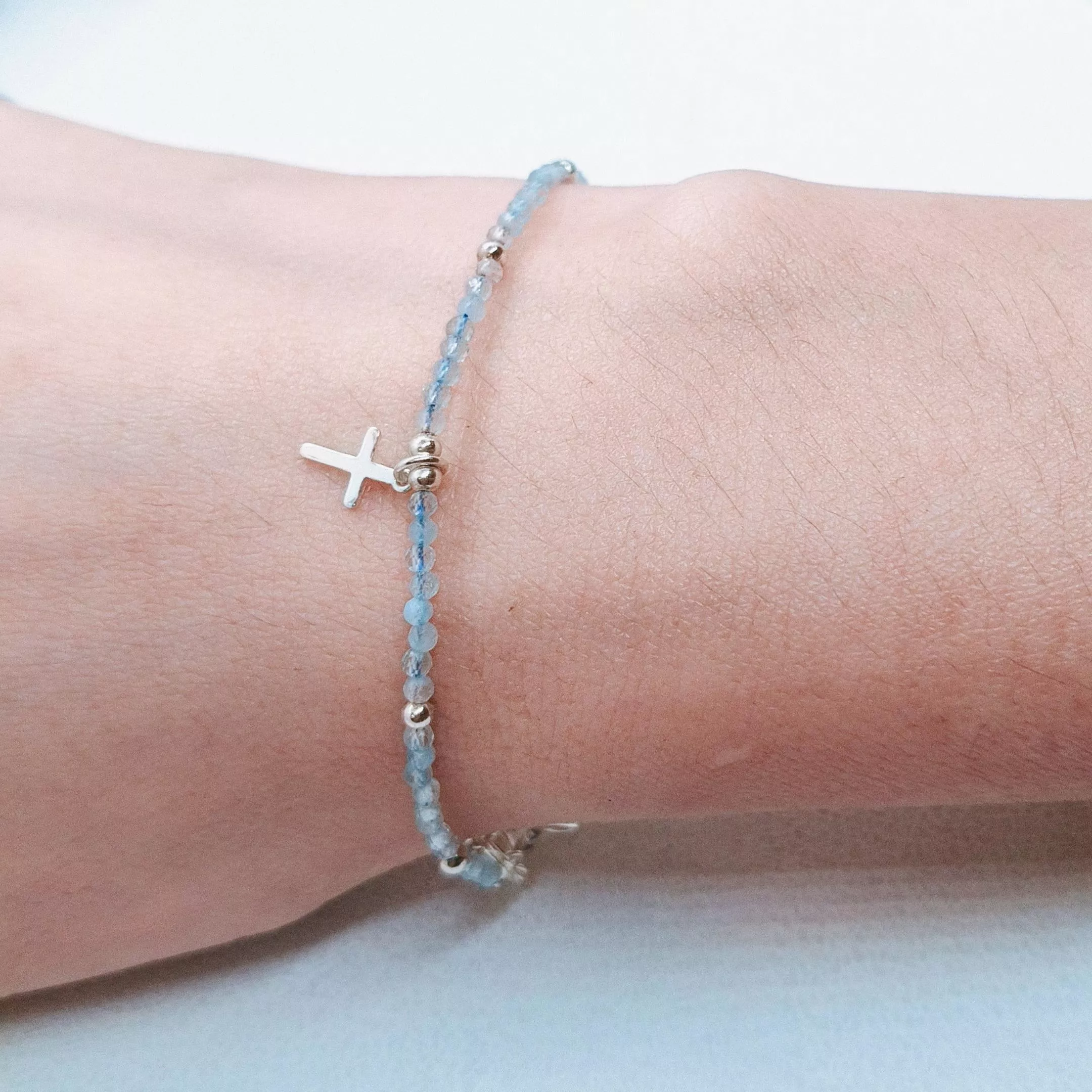 天然極細切割海藍寶實心925純銀十字架手鍊/信仰