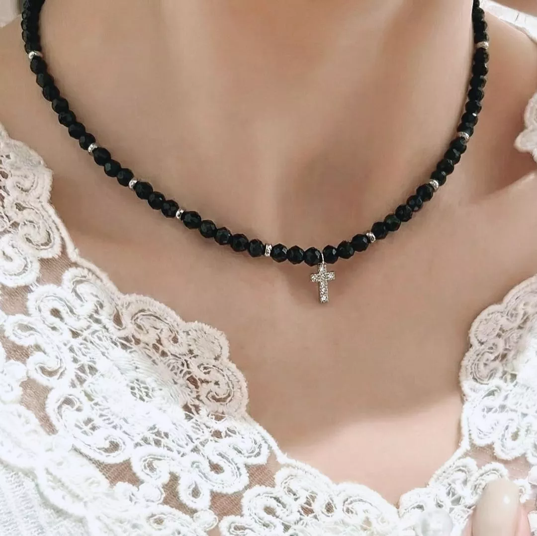 天然黑尖晶十字架鑲鑽串珠鎖骨鍊/頸鍊/項鍊/信仰/原創設計