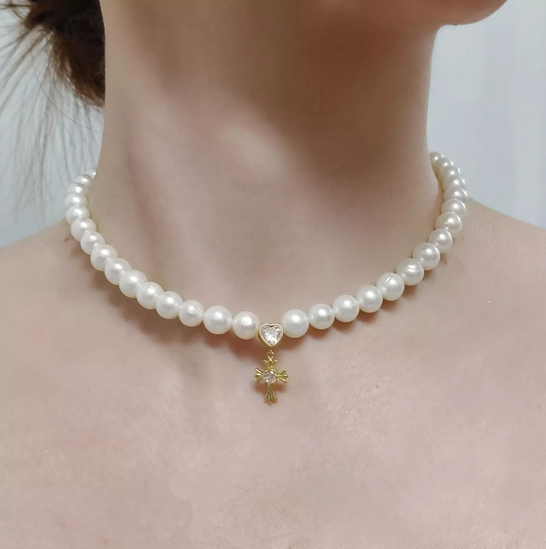 真愛守約-客製天然高品質淡水珍珠7~8mm包14k金十字架頸鍊/項鍊