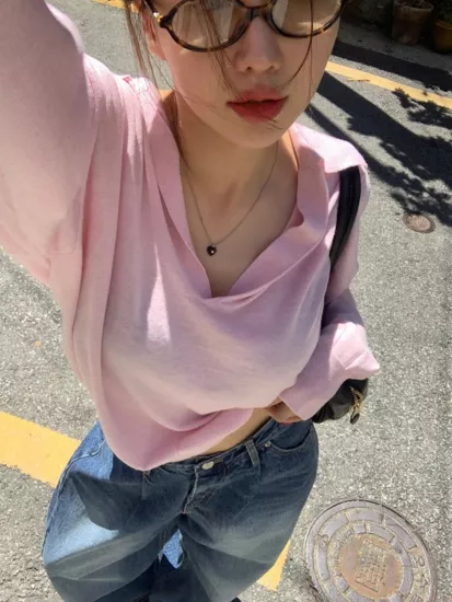 慵懶感羊絨翻領針織上衣