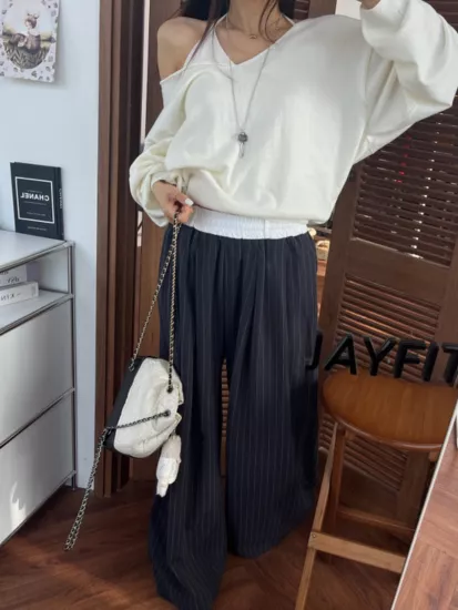 修身褶皺拼接條紋長褲