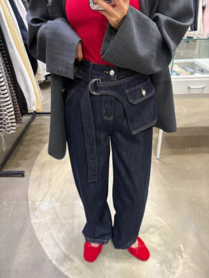 造型腰帶寬牛仔褲