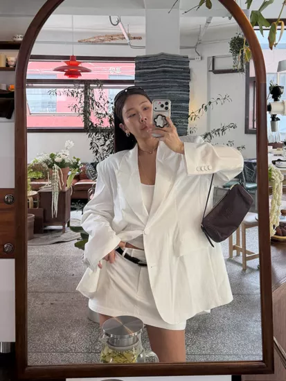 法式輕透感人造絲西裝外套+褲裙套裝