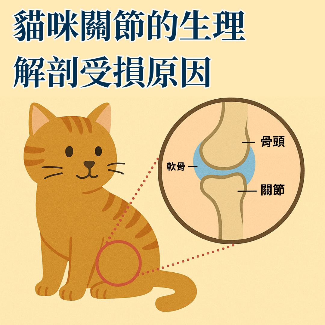 一張卡通貓咪的關節解剖圖，詳細說明骨頭、軟骨與關節的構造，並解釋貓咪關節受損的原因。
