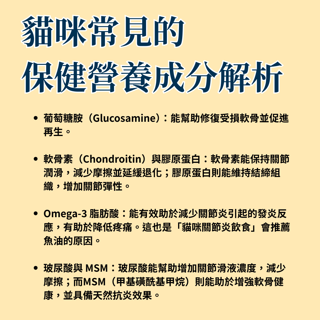 貓咪關節保健品成分圖，解釋了葡萄糖胺、軟骨素、Omega-3脂肪酸與玻尿酸等營養成分的作用。