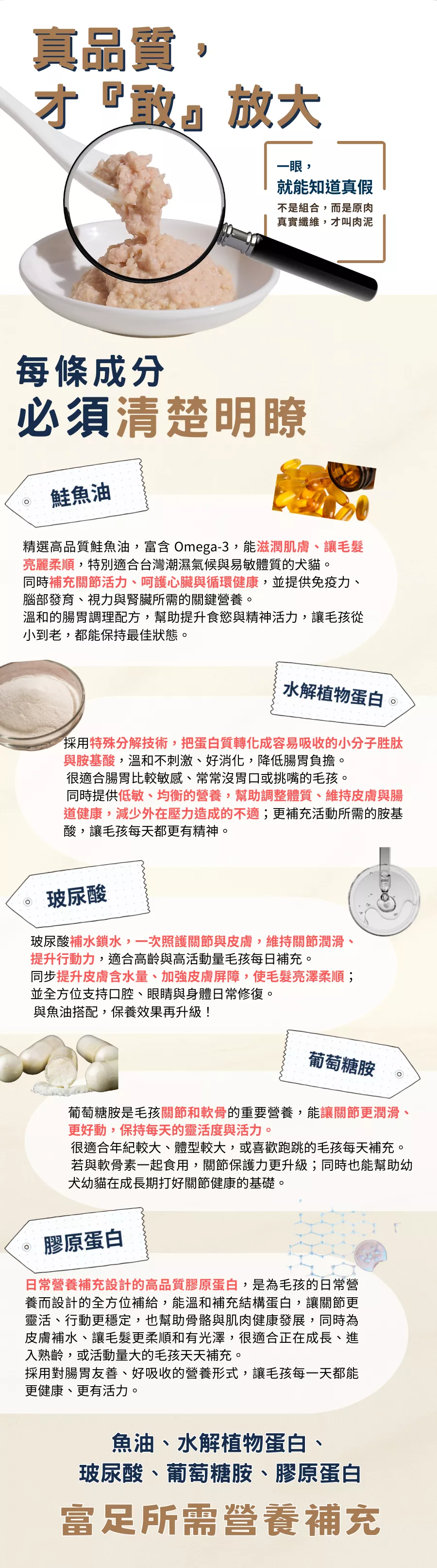 北極先生 寵物關節保健肉泥五大核心成分功效圖，鮭魚油 Omega-3 護毛護關節、水解植物蛋白低敏護腸胃、玻尿酸關節潤滑、葡萄糖胺保護軟骨、膠原蛋白支撐關節與皮膚健康