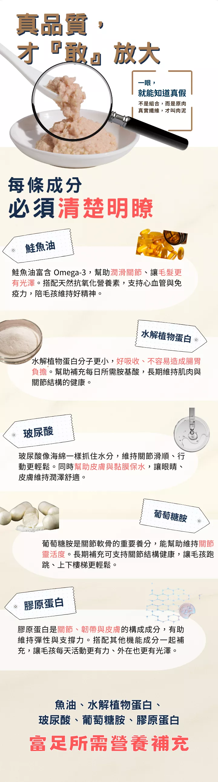 北極先生狗貓關節保健肉泥｜真實肉泥質地與五大營養成分放大示意圖