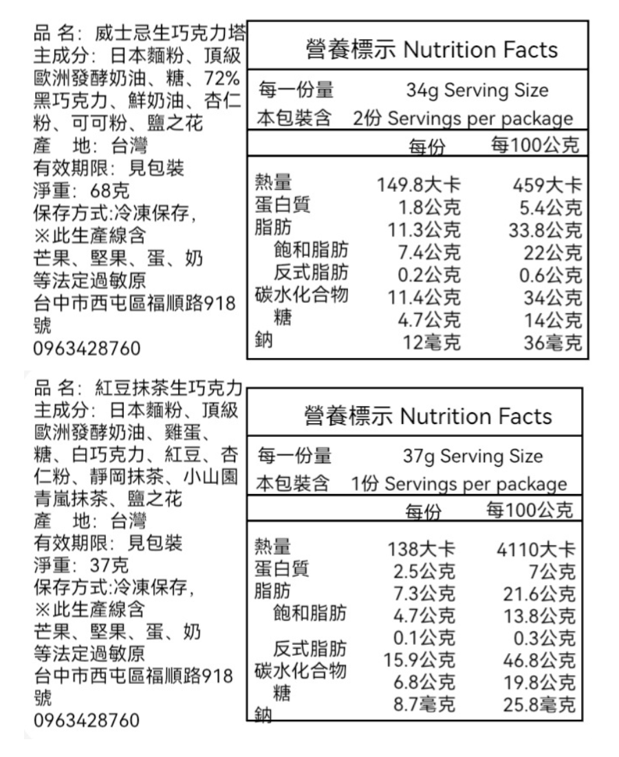 拾參月甜點威士忌生巧克力塔與紅豆抹茶生巧克力塔營養標示