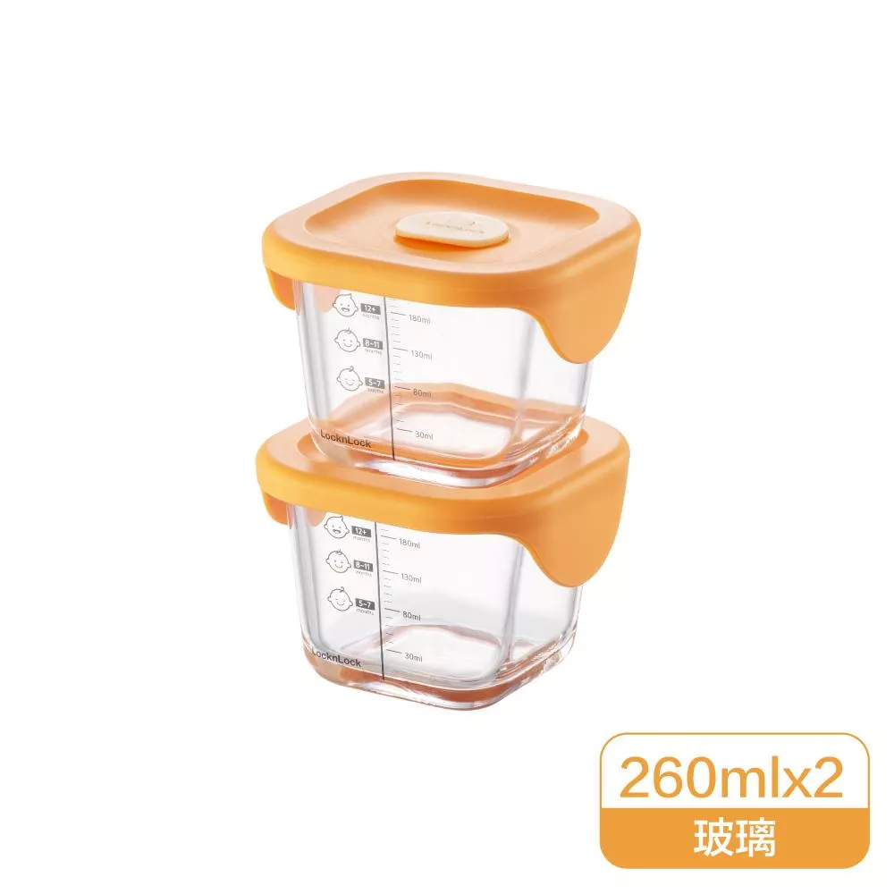 樂扣樂扣 增量版寶寶副食品耐熱玻璃調理盒2入方形橘色260ML