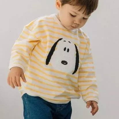 日本正版PEANUTS｜史努比條紋長袖T恤 80-95cm｜寶寶童裝 可愛大頭造型上衣