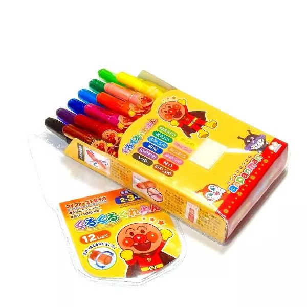 【日本正版】麵包超人 好好畫旋轉蠟筆 12色組｜幼兒手握好拿不易斷｜附收納袋｜韓國製｜幼童美術著色啟蒙玩具