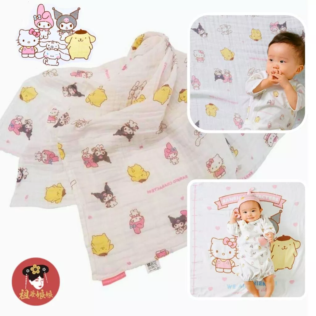 【日本直送｜三麗鷗 正版】寶寶身高紀錄毯&萬用紗布巾毯｜100%純棉｜柔軟透氣｜親子成長紀錄｜推車毯/冷氣毯兩用