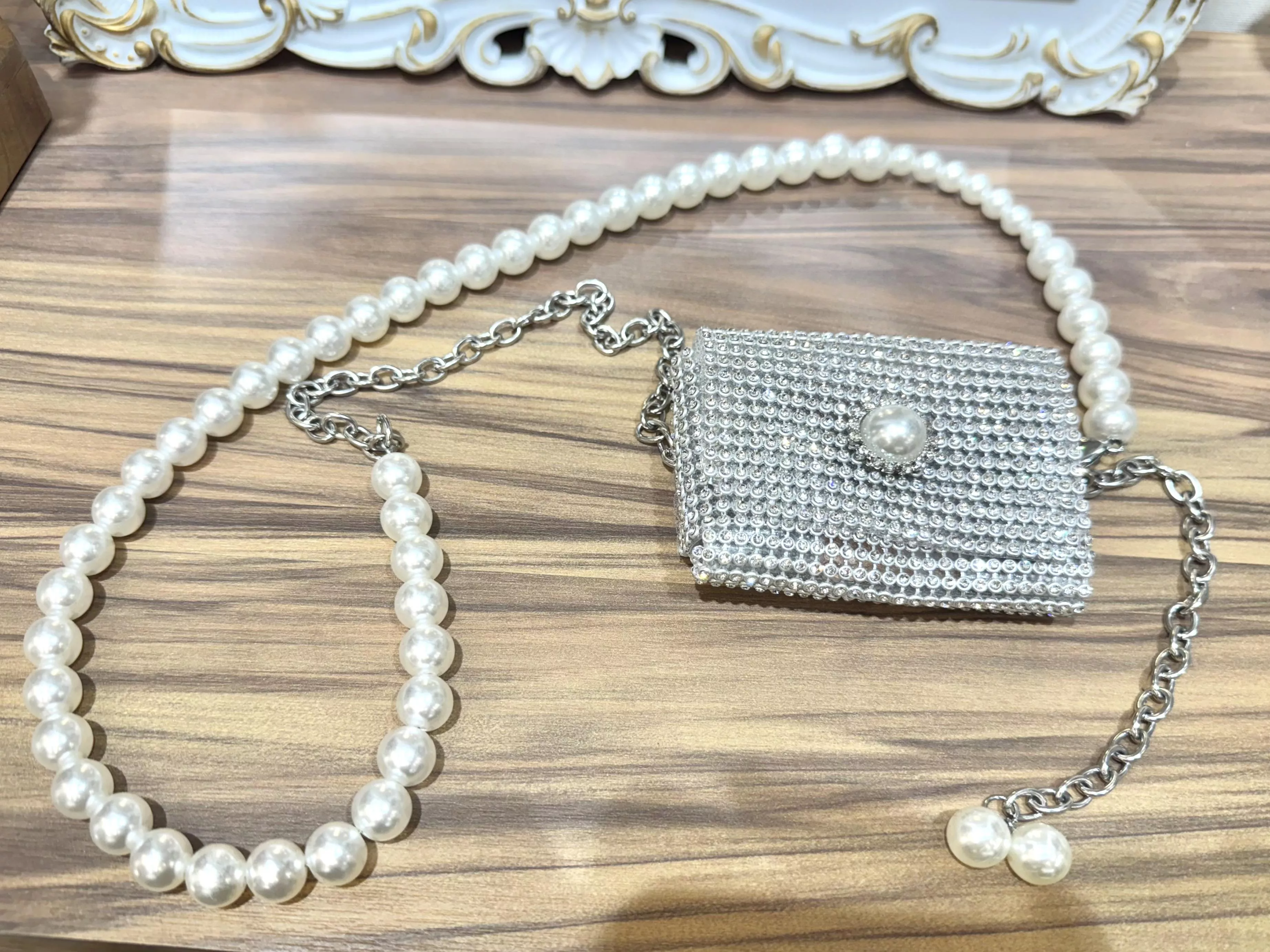 💎珍珠鍊水鑽迷你小包腰帶／項鍊兩用