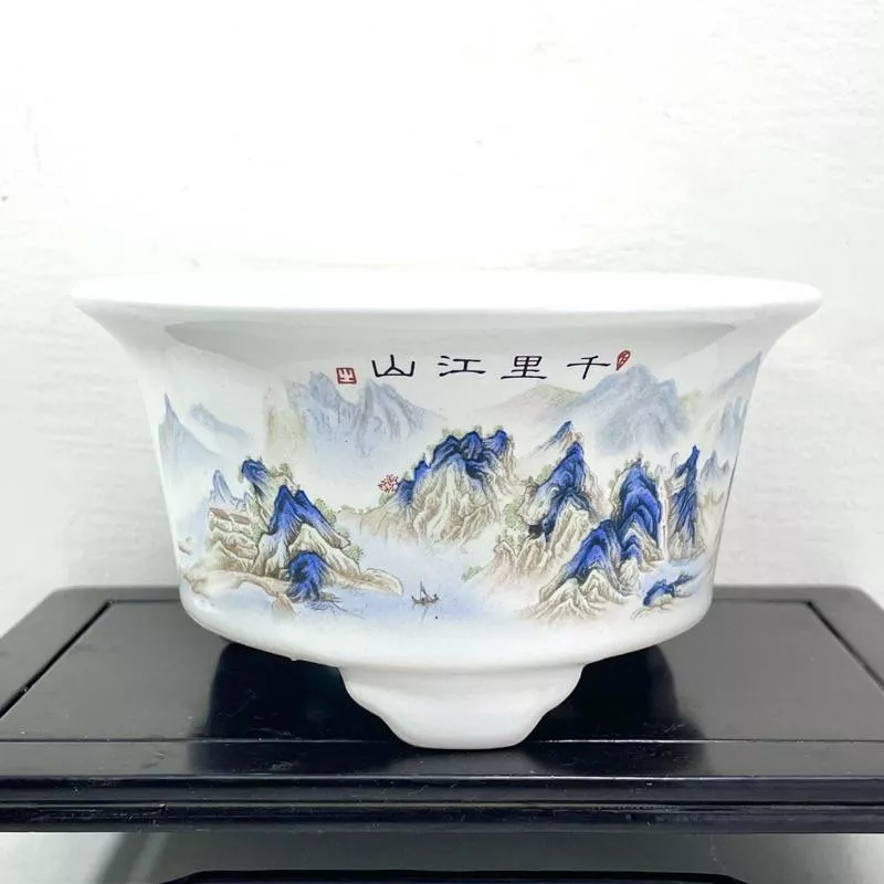 《野趣小品盆栽》山水白瓷圓盆·白瓷貼畫盆·貼畫盆