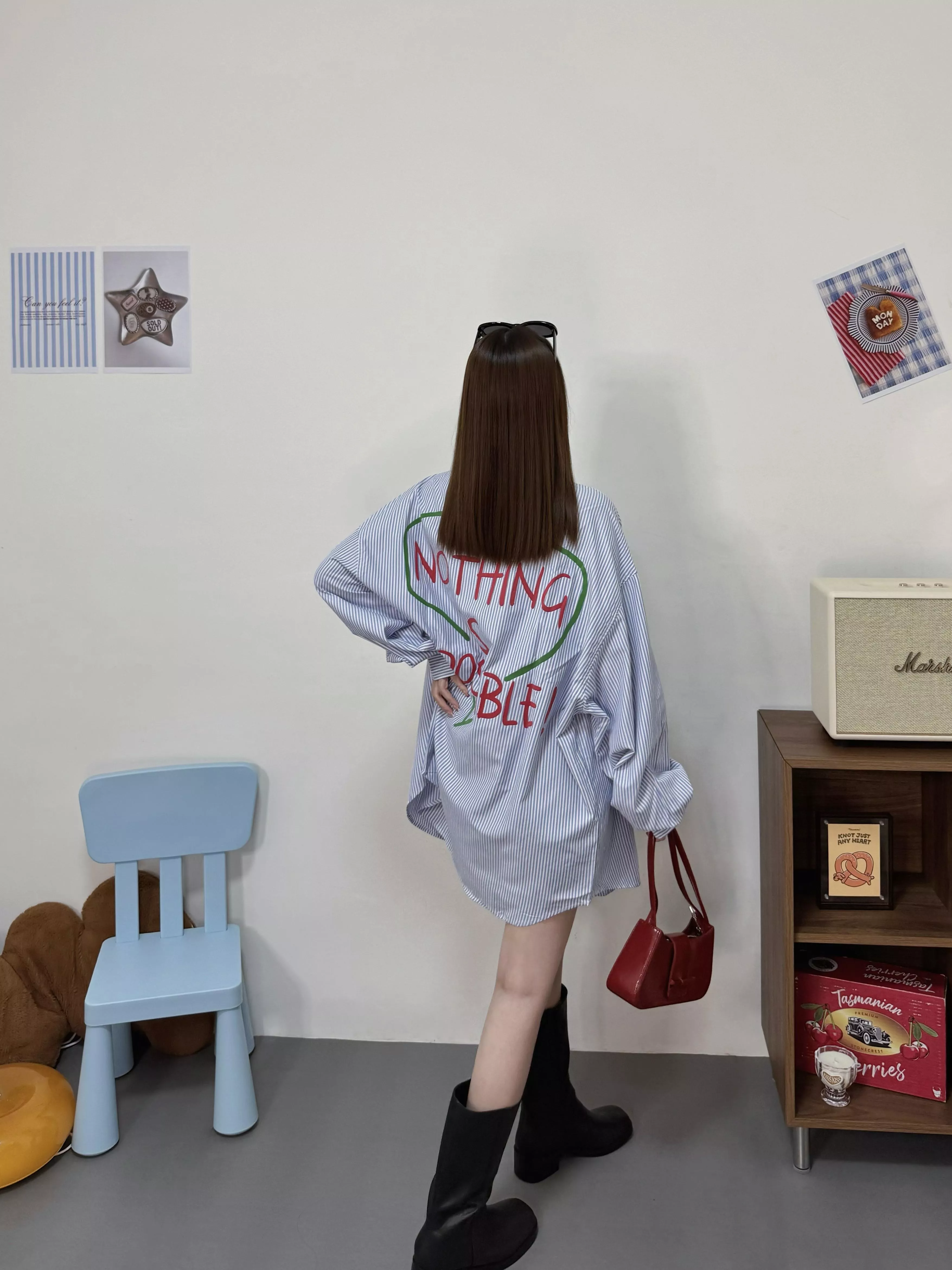有夠韓塗鴉愛心條紋襯衫