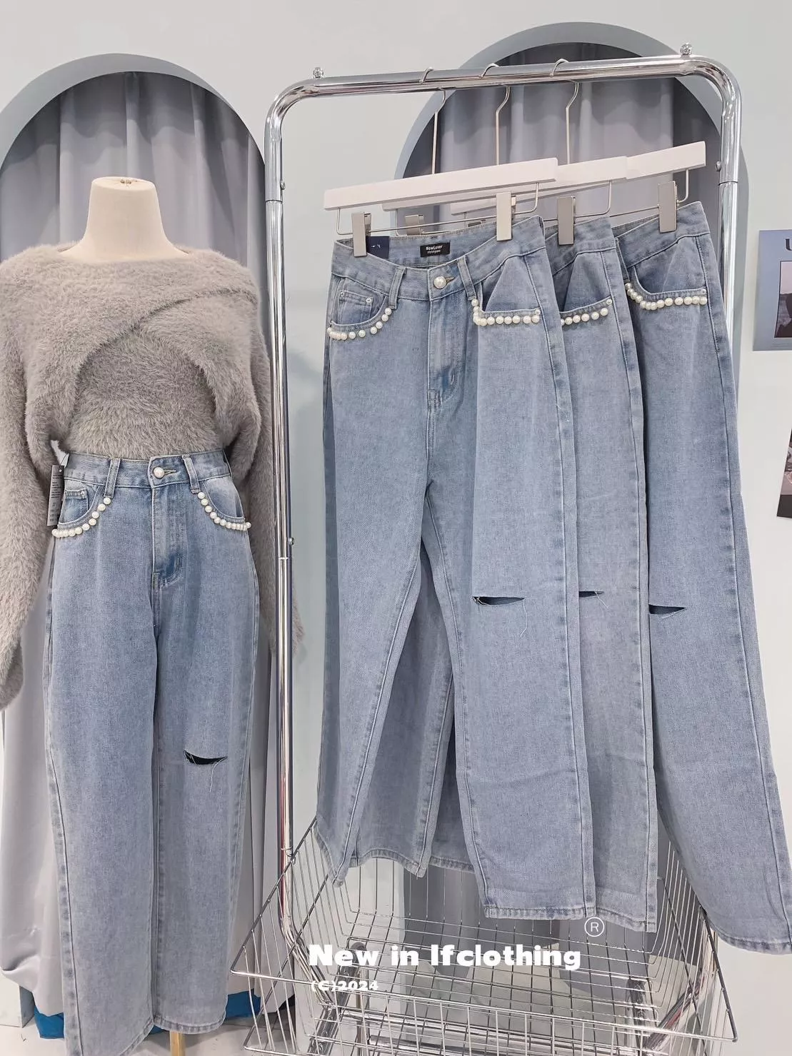 熱銷寬褲🔥［最後現貨］珍珠口袋割破直筒牛仔褲